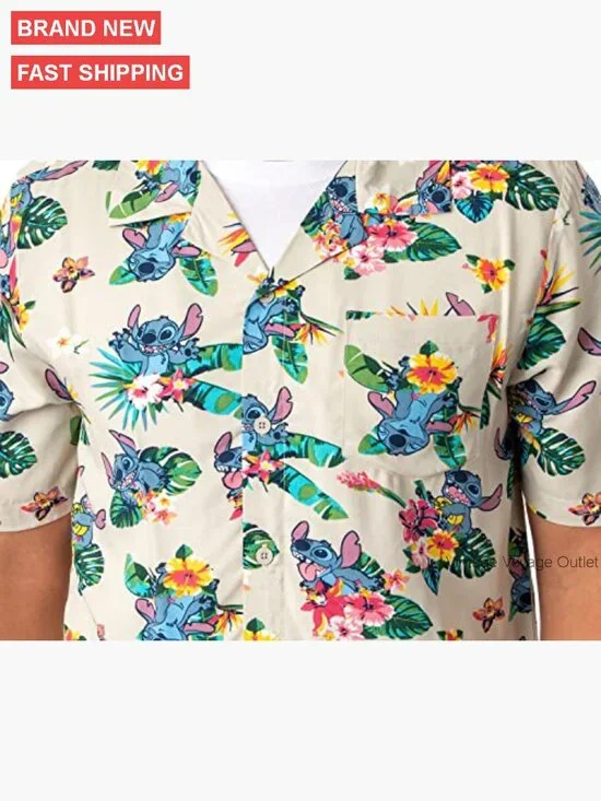 Men's Stitch Tropical Hawaiian Button Up Shirt, Short Sleeve, 100% Rayon - Picture 2 of 2